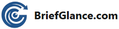 Logo of BriefGlance.com with a blue circular design and text on a black background