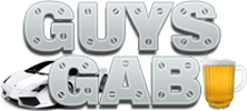 Logo with 'Guys Gab' text, car, and beer mug on a white background