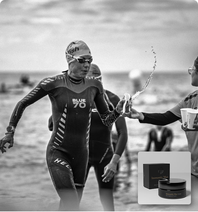 Person in a wetsuit receiving water at a beach, with a product inset showing 'Immune Max' and 'Immune Max Plus'.