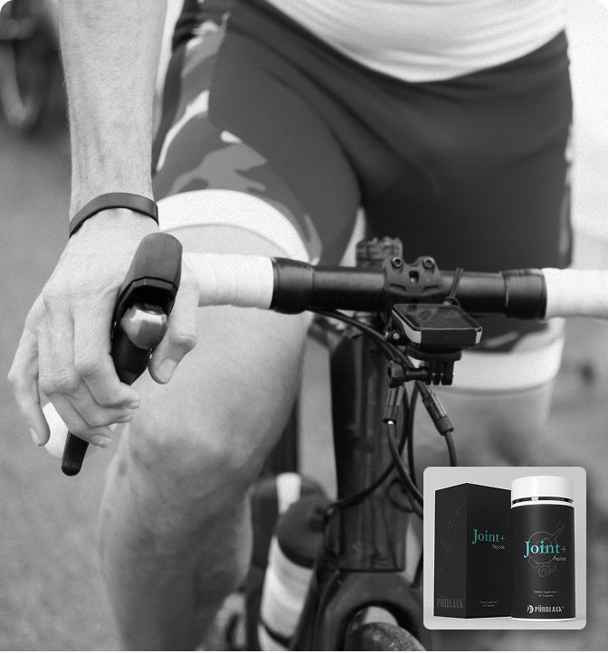 Person on a bicycle with a supplement container labeled 'Joint+' in the corner.