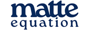 Logo of 'matte equation' with blue text on a white background