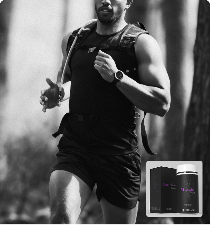 Man running outdoors with a supplement product displayed below