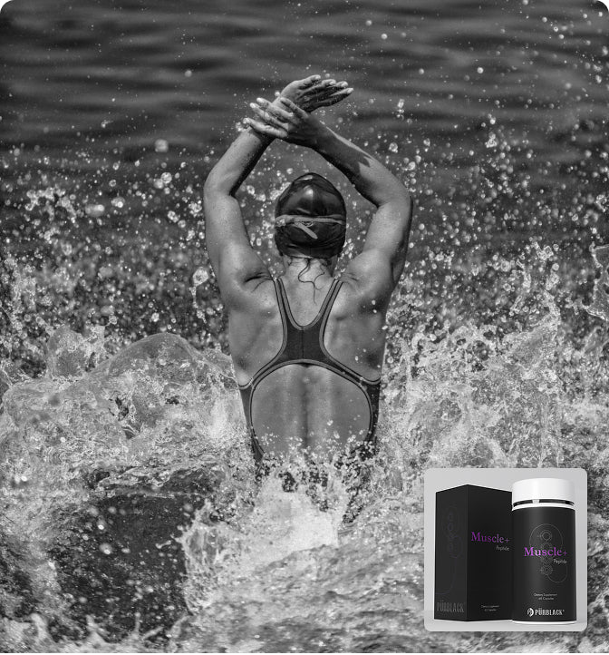 Person swimming with a product packaging overlay