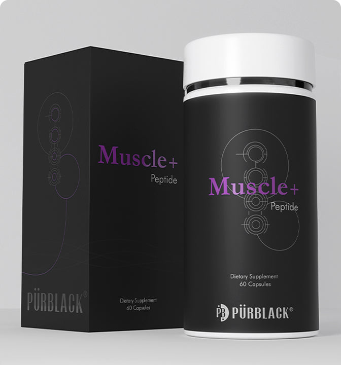 Purblack Muscle+ Peptide dietary supplement bottle and packaging on a light gray background