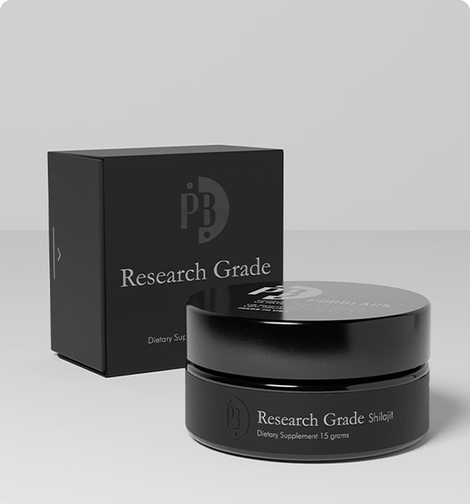 Black container and box labeled 'PB Research Grade' on a light gray background