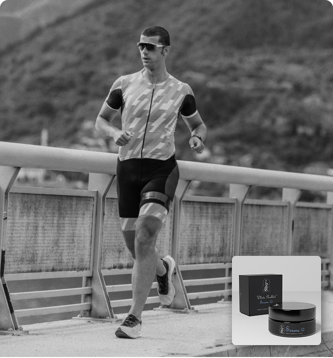 Man running outdoors with a product packaging overlay