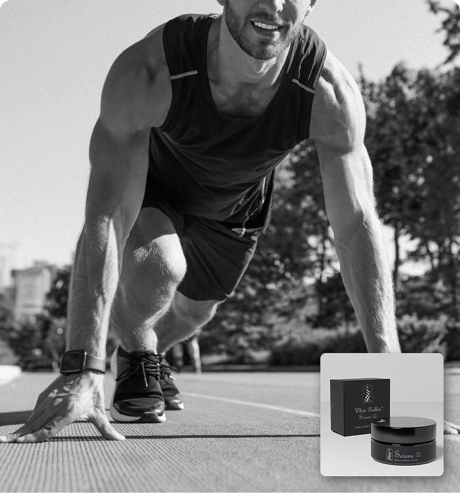 Man in athletic gear preparing to run on a track with skincare products displayed.