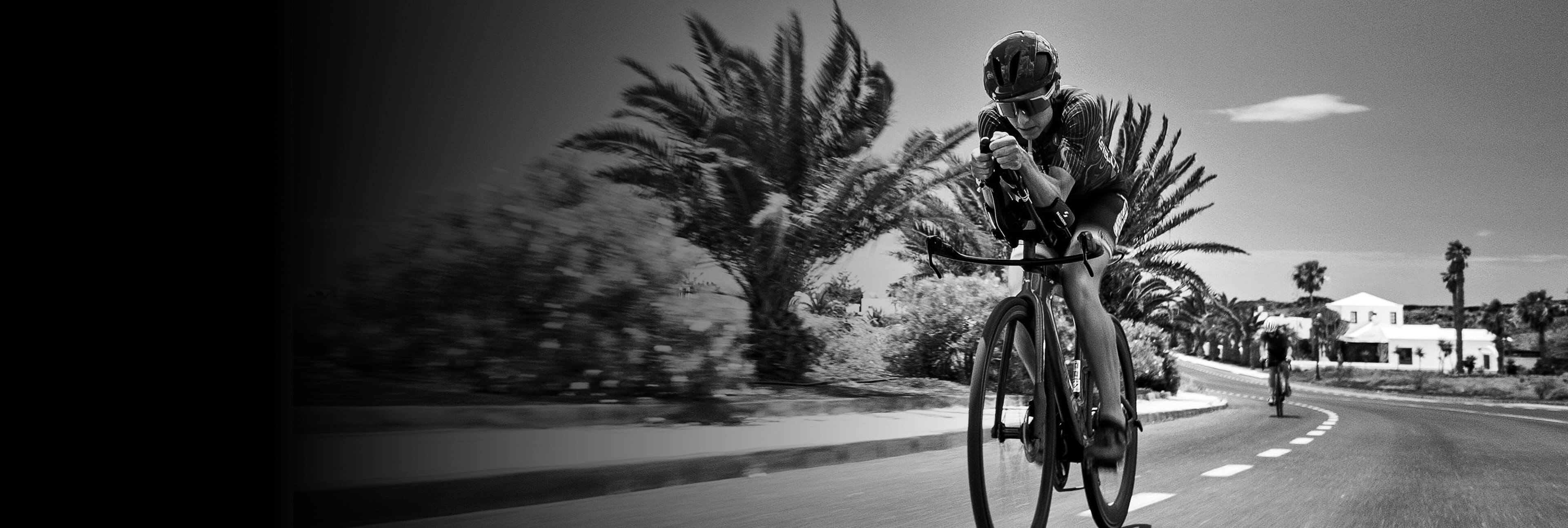 Person riding a bicycle on a road with palm trees and buildings in the background