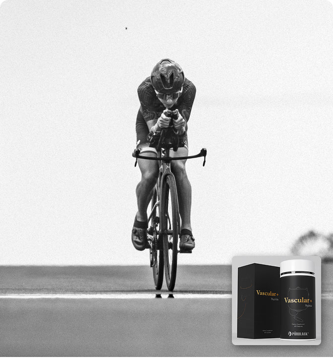 Cyclist in action with Vascular+ supplement packaging overlayed on a white background