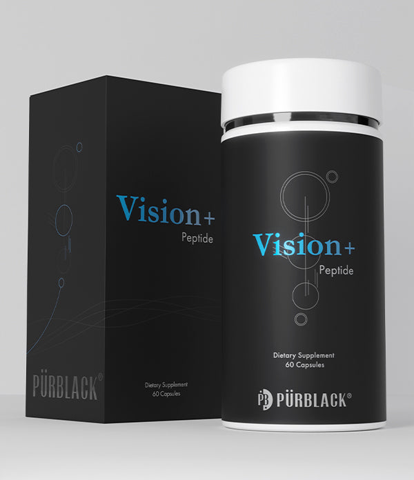 Vision+ Peptide dietary supplement bottle and packaging on a gray background
