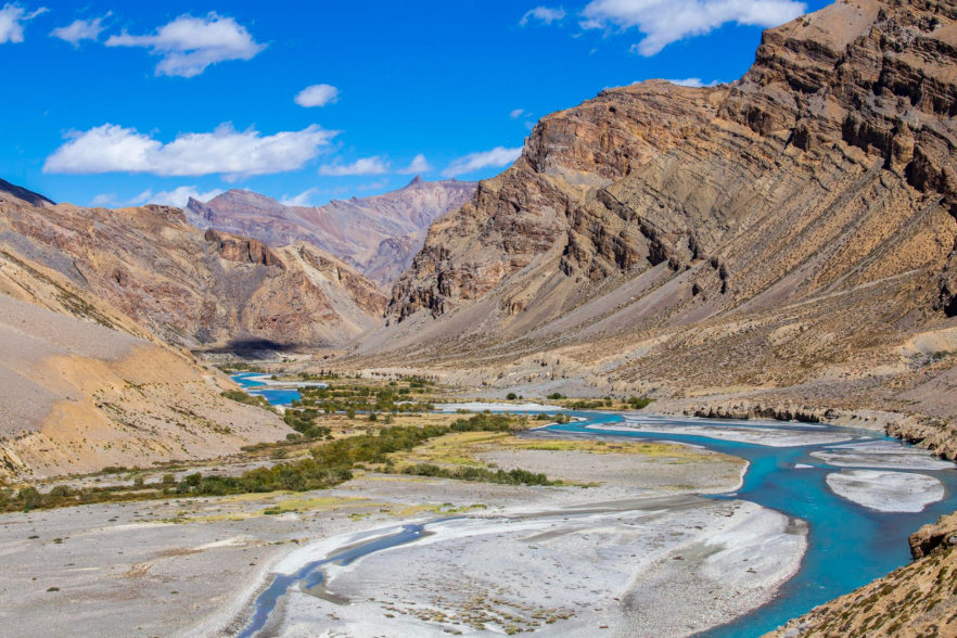himalayan mountain landscape along leh to manali highway blue river and rocky mountains in indian himalayas india